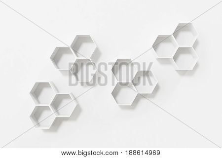 Empty white wall with hexagon shelves on the wall. 3D rendering