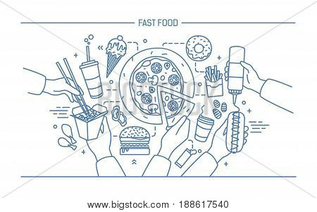 Horizontal advertising banner with fastfood. Composition with products hot dog with mustard, pizza, noodles, donut, ice cream, french fries, burger, ola. Monochrome vector lineart illustration