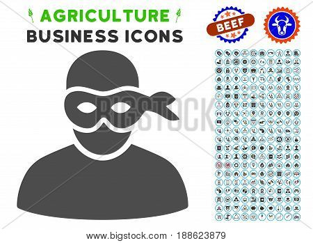 Anonimious Thief gray icon with agriculture commercial pictogram kit. Vector illustration style is a flat iconic symbol. Agriculture icons are rounded with blue circles.