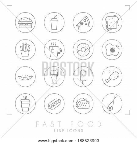 Set of line fast food icons in line circles. Flat style. Coffee hamburger pizza sandwich fried potato tea donut egg grilled sausage beer ice cream chicken hot dog tacos sushi roll