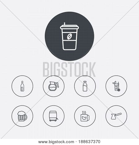 Set Of 9  Outline Icons Set.Collection Of Pot, Hotdrink, Beer And Other Elements.