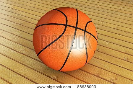 Ball on basketball court with spotlight 3d illustration