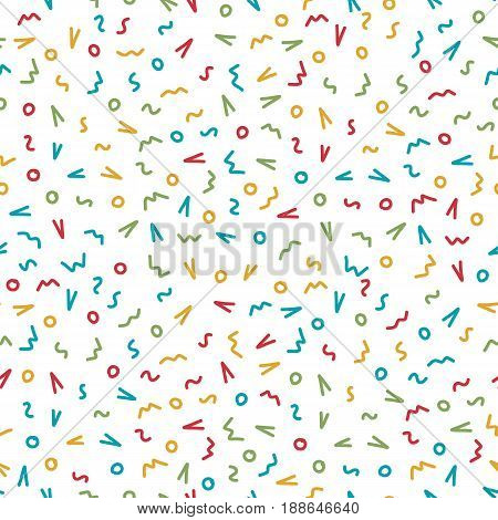 Seamless hand drawn pattern with wave circle and check mark. Vector colorful illustration