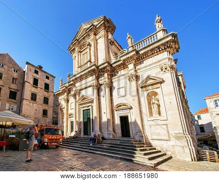 Dubrovnik Croatia - August 19 2016: Tourists at St Blaise's church on Stradun Street in the Old city of Dubrovnik Croatia