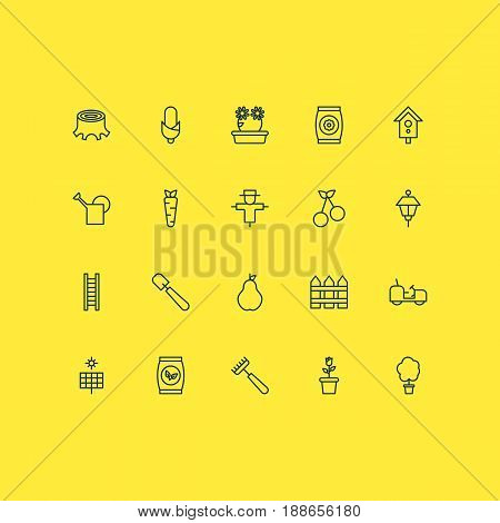 Gardening Icons Set. Collection Of Tree Stub, Agrimotor, Floweret And Other Elements. Also Includes Symbols Such As Ladder, Pitchfork, Can.