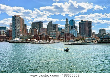 Motorboat At Long Wharf With Customhouse Block In Boston Ma