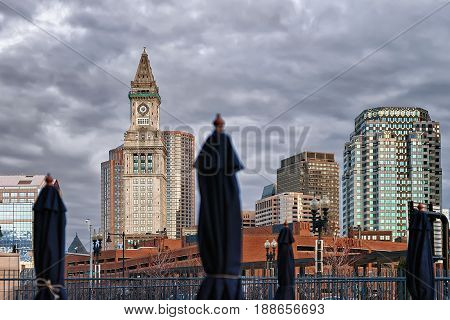 Custom House Tower And Cafe With Umbrellas Boston