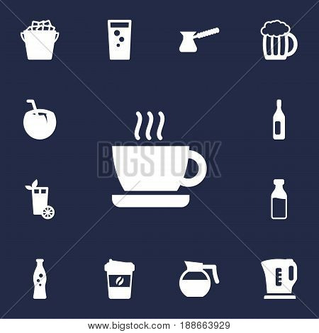 Set Of 13 Drinks Icons Set.Collection Of Electric Teapot, Mug, Hotdrink And Other Elements.