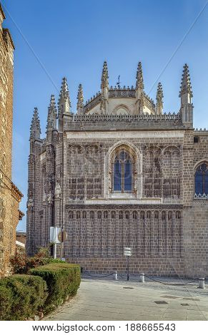 The Monastery of San Juan de los Reyes (Monastery of Saint John of the Monarchs) is an Isabelline style monastery in Toledo Spain built by the Catholic Monarchs (1477 - 1504)
