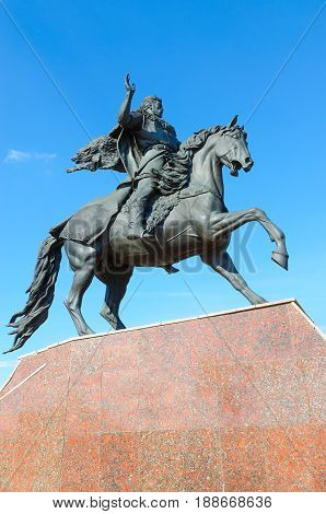 POLOTSK BELARUS - MAY 19 2017: Monument to Polotsk prince Vseslav Bryachislavich (Vseslav Charodey) Belarus