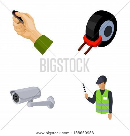 Car alarm, wheel rim, security camera, parking assistant. Parking zone set collection icons in cartoon style vector symbol stock illustration .