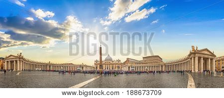 Panorama view of Saint Peter's Basilica and square on sunrise in Vatican Italy