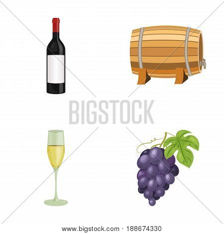 A bottle of red wine, a wine barrel, a glass of champagne, a bunch. Wine production set collection icons in cartoon style vector symbol stock illustration .