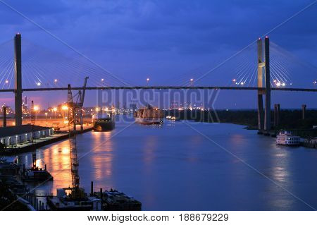 Night view of the Savannah River and The Talmadge Memorial Bridge