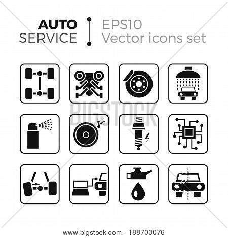Car service flat icons set. Isolated on white background. Typical autoservice pictograms. Icons and signs for business.