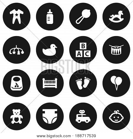 Set Of 16 Baby Icons Set.Collection Of Barrel, Milk, Bus And Other Elements.