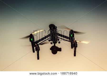 Varna Bulgaria - July 092016: Image of DJI Inspire 1 Pro drone UAV quadcopter which shoots 4k video and 16mp still images and is controlled by wireless remote with a range of 2km