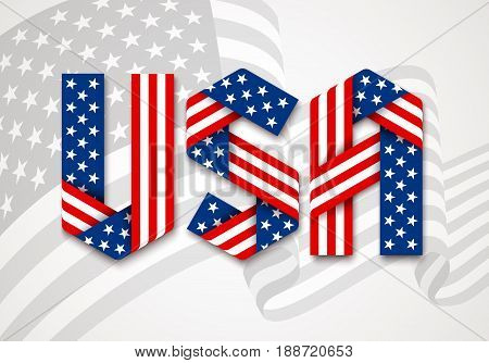 USA. United States of America Graphic Logo. Letters made of interlaced ribbons with American flag's stars and stripes. Vector illustration.