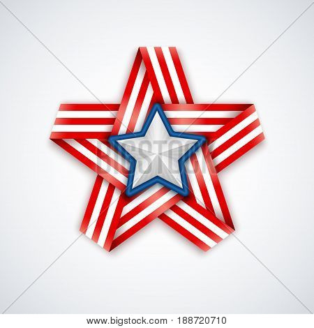 Star made of interlaced ribbon with american flag stripes and white star within. Vector illustration for USA national holidays.