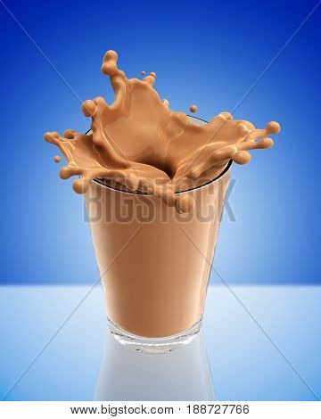 Splash of chocolate milk from the glass .Blue background. 3d rendering