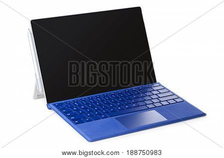 Convertible laptop computer with pen support and detachable keyboard isolated on white background