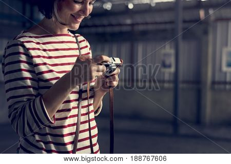 Woman traveler photographer holiday lifestyle trip