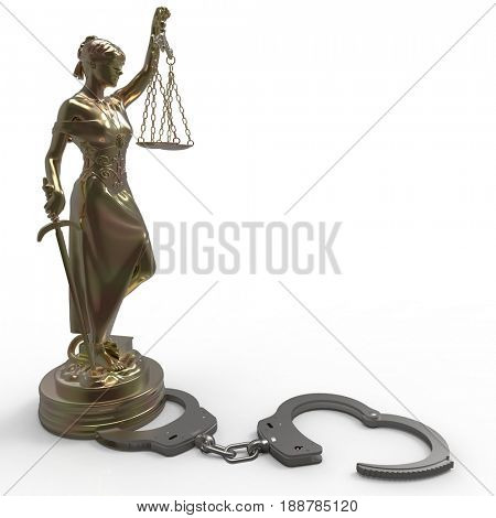 Lady of Justice statue and handcuffs 3d rendering