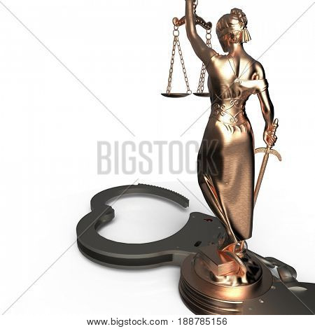 Lady of Justice statue and handcuffs 3d rendering