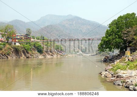 The suspension bridge at Laxman Jhula in India Asia