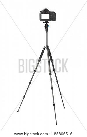 Camera on tripod isolated on white background