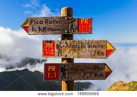 Signboard Pico Ruivo in Madeira Portugal - travel background