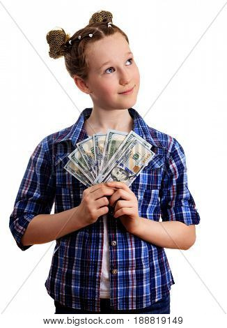 Cute little kid girl in chekered shirt holding the US dollars and looking on something above, isolated on white background. Pocket money concept.


