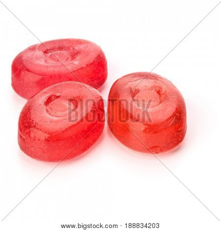 Three colorful fruit hard sugar candies,  boiled sweeties or sugar plums isolated on white background cutout