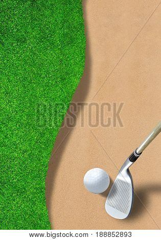 Golf ball on edge of sand trap bunker with wedge club ready to hit it out. Copy space and vertical orientation.  3D rendering of fictitious golf course.