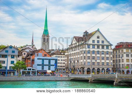 View of the historic city center of Zurich with famous Fraumunster Church and river Limmat