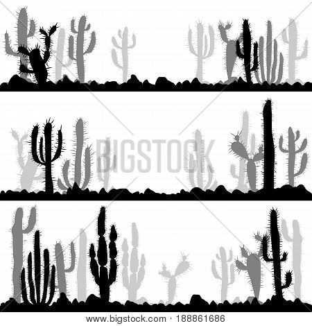 landscapes with cactuses and stones silhouettes, hand drawn vector illustration
