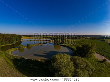Aerial View Of Landscape With Fish Ponds Near Of Herzogenaurach In Bavaria