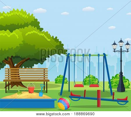 Kids playground cartoon concept background. childrens playground in a city park. Vector llustration in flat design