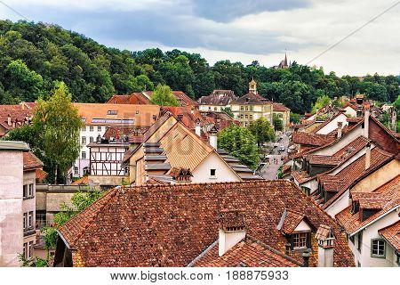 Street With Old Houses Roof Tops In Bern