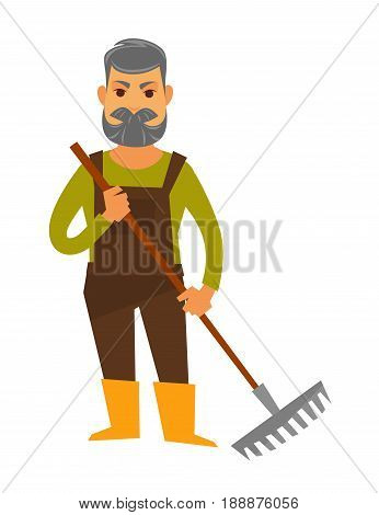 Senior man gardener isolated in brown overall, sweater and yellow boots holds rake equipment for working in garden. Vector colorful illustration of male person with grey hair and beard with raker