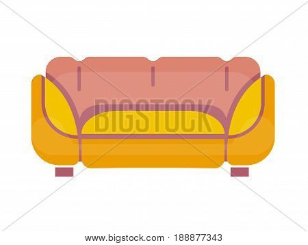 Sofa in yellow and pink colors stands on small legs isolated on white. Comfortable and soft place for sitting in living room or bedroom with convenient back and armrests close up vector illustration