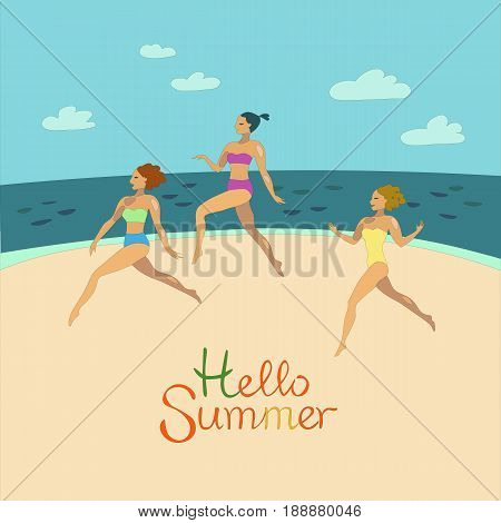 Girls In Bikini Are Running On The Beach