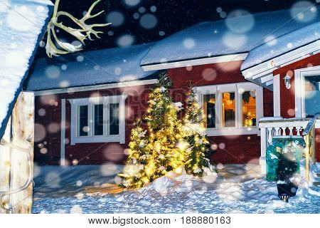 House In Reindeer Farm In Winter Lapland Finland Night Snowfall