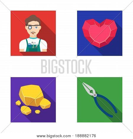 Jeweler, pliers, gold ore, garnet in the form of heart. Precious minerals and jeweler set collection icons in flat style vector symbol stock illustration .