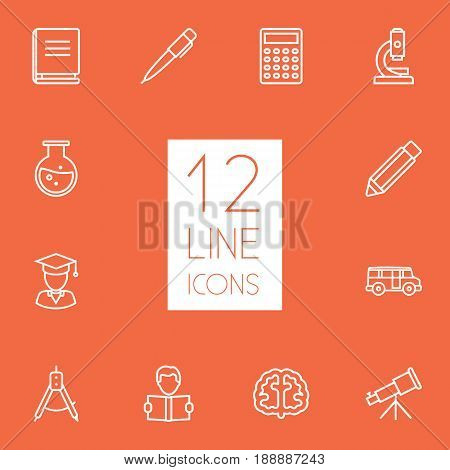 Set Of 12 Studies Outline Icons Set.Collection Of Telescope, Test Tube, Graduated And Other Elements.
