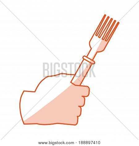 Flat line monocromatic hand holding fork over white background. Vector illustration.