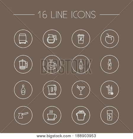 Set Of 16 Drinks Outline Icons Set.Collection Of Bottle, Hotdrink, Ice Bucket And Other Elements.