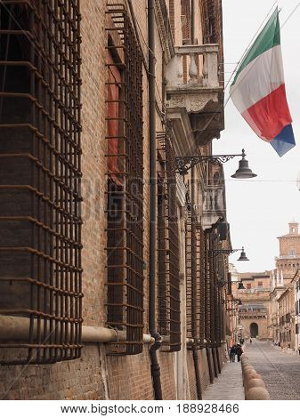 Ferrara, Italy. View of Ercole I d'Este Avenue, Government building with flags