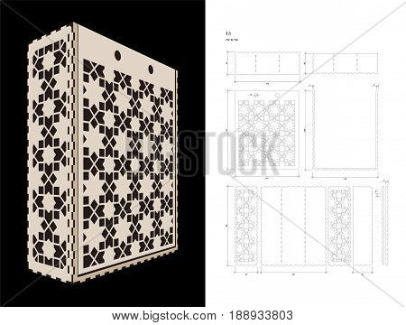 Cut out template for three bottles Wine gift slider Box or Wine Glasses Box (plywood 3 mm). Creative memory bottle pack with geometric design. Scheme is suitable for a laser cutting or printing