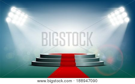 Round podium with a red carpet is illuminated with spotlights. Exhibition background for presentation and rewarding. Stock vector illustration.